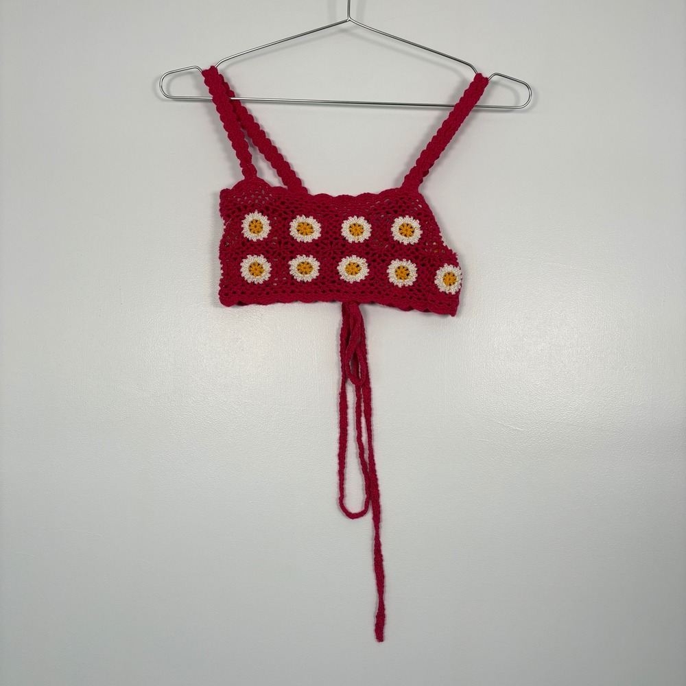 Lovers + Friends Women Crochet Crop Top‎ S Pink Daisy Floral Boho Bralette Tie